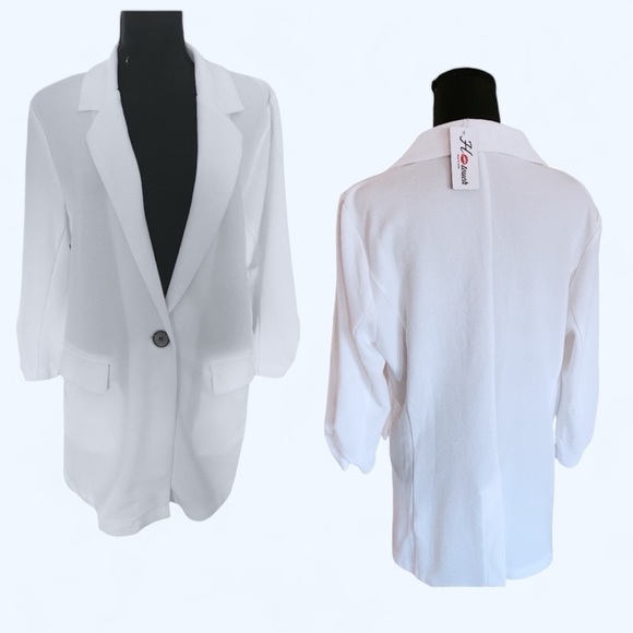 Open Front White Ruched Sleeve Single Button Hourglass Blazer Casual Size Large - Picture 9 of 15